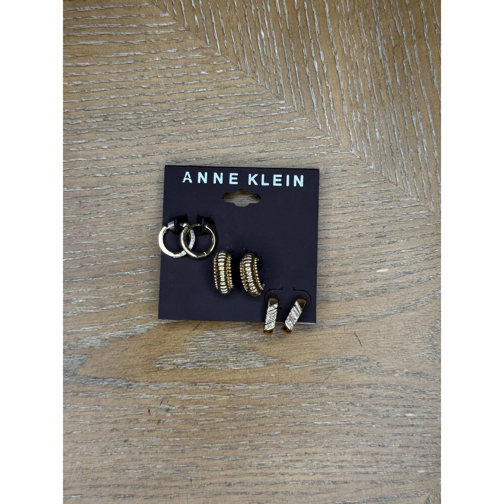 Anne Klein Gold Hoop Earrings Set 3 Pairs Textured CZ Accent Small Hoops New